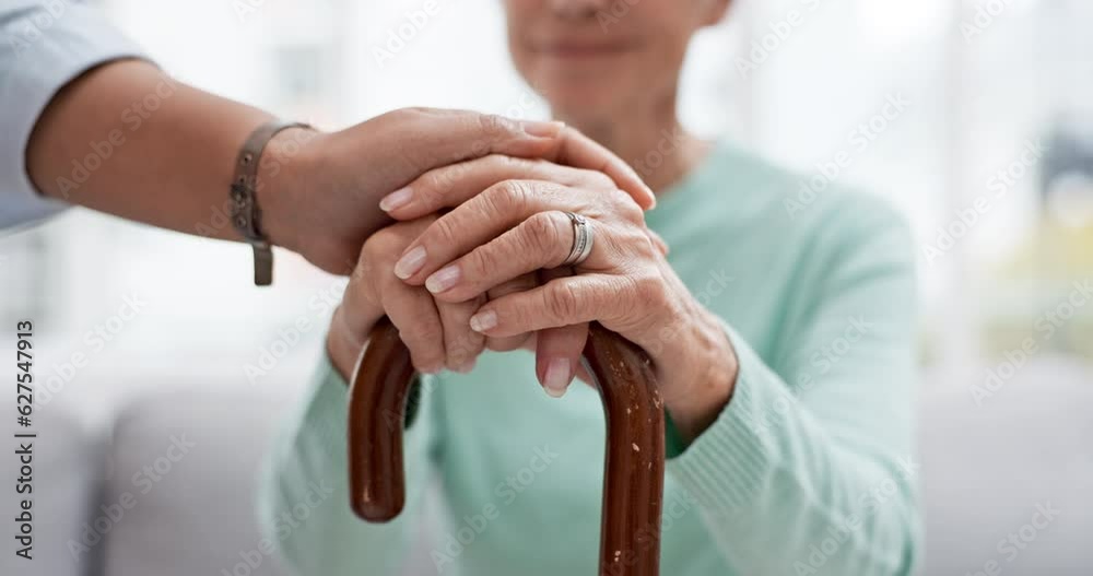 Canvas Prints Senior woman, walking cane and holding hands of nurse with healthcare support for retirement. Caregiver, elderly female person and empathy with care and nursing of patient with help in a home