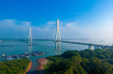 An aerial view of the Baguazhou Bridge over the Yangtze River in Nanjing, China