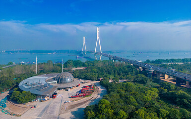 An aerial view of the Baguazhou Bridge over the Yangtze River in Nanjing, China