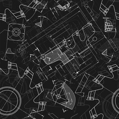 Mechanical engineering drawings on black background. Cutting tools, milling cutter. Technical Design. Cover. Blueprint. Seamless pattern. Vector illustration.