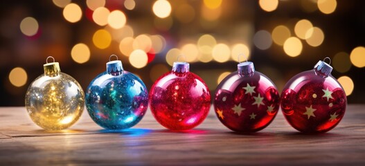 Festive Christmas baubles arranged on wooden surface, soft bokeh lights in background. Vibrant and merry holiday display.