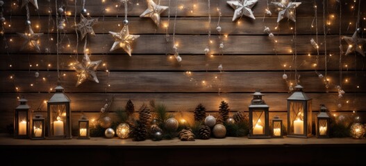 Christmas ornaments adorning vintage wooden plank. Merry and bright festive celebration.