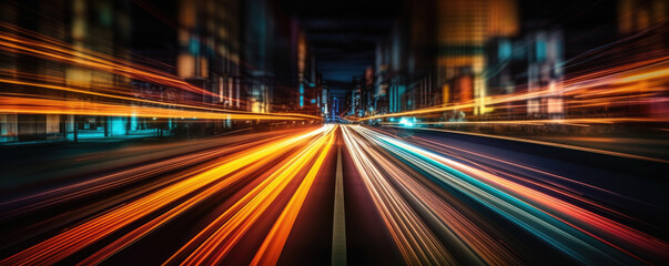 Fototapeta na wymiar Long exposure of car lights at night on city streets. Generative AI