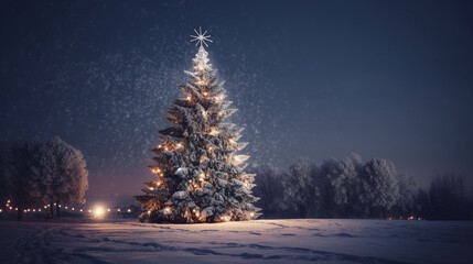 Winter Wonderland: Snow-Covered Landscape and a Majestic Christmas Tree Adorned with Lights and Ornaments, Creating a Magical Outdoor Scene. Generative AI