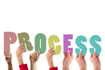 Digital png illustration of hands with process text on transparent background