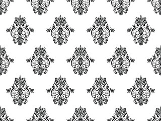 Damask digital paper seamless floral pattern. Black Flowers on a white background. Luxury Royal Wallpaper.