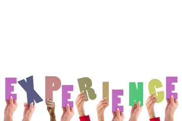 Digital png illustration of hands with experience text on transparent background