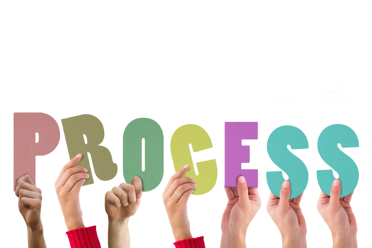 Digital png illustration of hands with process text on transparent background