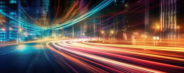 Fototapeta premium Long exposure of car lights at night on city streets. Generative AI