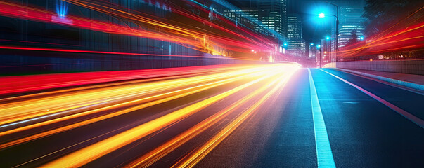 Obraz premium Long exposure of car lights at night on city streets. Generative AI