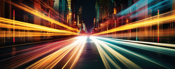 Fototapeta na wymiar Long exposure of car lights at night on city streets. Generative AI