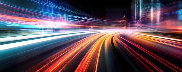Long exposure of car lights at night on city streets. Generative AI