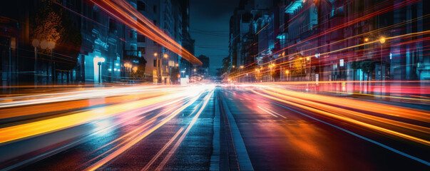 Obraz premium Long exposure of car lights at night on city streets. Generative AI
