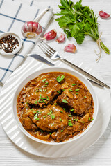 Cube Steak with Brown Balsamic Onion Gravy in bowl