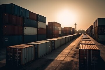 Fototapeta premium The logistics of international container cargo are shipping to the container yard. Generative AI