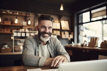 A young barista with cheerful smile at coffee cafe.