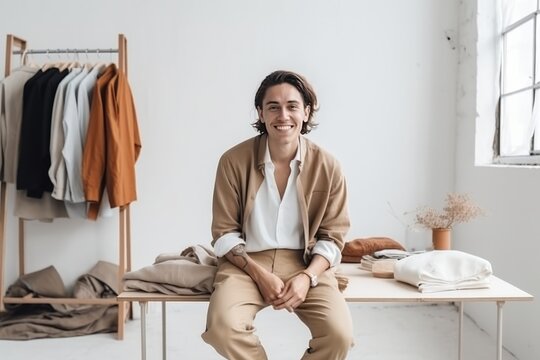A young male fashion designer is sitting with confident and looking at camera in his design studio.