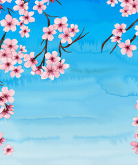illustration of blue sky and cherry blossoms (watercolor)
