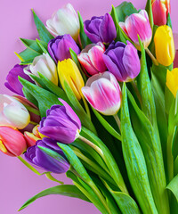 Obraz premium Colorful bouquet of beautiful tulips. Full frame background. Greeting card with copy space for your advertising text message for Valentine's Day, Woman's Day and Mother's Day.