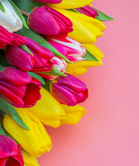 Colorful bouquet of beautiful tulips. Full frame background. Greeting card with copy space for your advertising text message for Valentine's Day, Woman's Day and Mother's Day.
