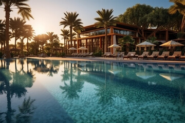 Fototapeta na wymiar Swimming pool with gazebo in luxury hotel resort.