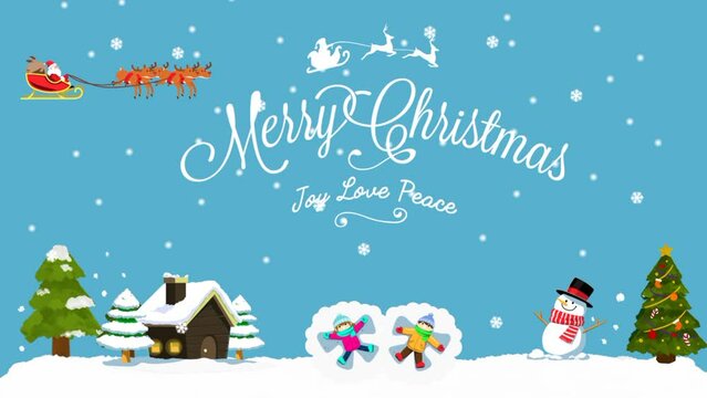 Merry Christmas two kids laying on snow outside the house and play during winter snow fall