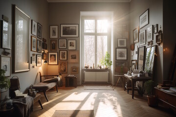 Gallery Wall in Cozy Living Room Bathed in Sunset Light. Mirrors, Paintings, and Sculptures Adorn the Wall in a Captivating Display of Elegance. Generative AI