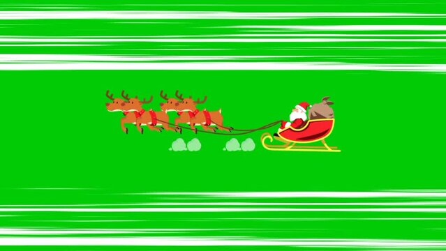 Santa Claus sleigh reindeer travel on christmas eve with fast Lines in green background. Santa going to distribute Christmas Gifts for Childrens