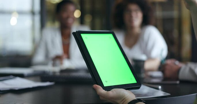 Business people, hands and tablet mockup with green screen in meeting for presentation or discussion at office. Person holding technology with chromakey display or tracking markers in team conference