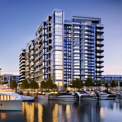 A modern waterfront residential complex with sleek, glass facades and private marina access17