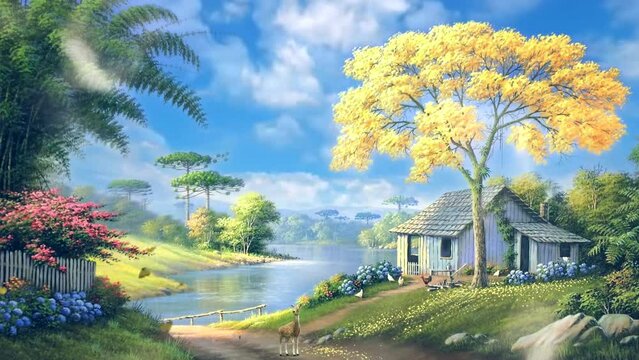 Fantasy landscape of beautiful house in mountain valley in autumn. Rural fantasy landscape background. Seamless looping video animation virtual background