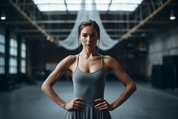 Graceful woman executing a ballet-inspired pose in an industrial style gym - strength and grace on...