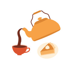 Teapot, a cup of tea, a piece of an pumpkin pie isolated on white background. Autumn vector illustration