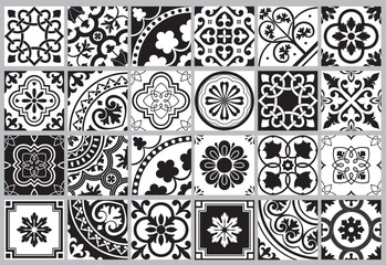 Set of patterned floor tiles. Mediterranean seamless pattern. Traditional Portuguese tiles. Vector illustration.