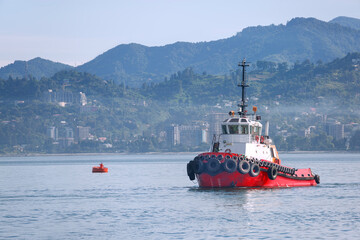 A red towboat with a white wheelhouse sailing along the hilly coast in the early morning © Дворецкая Таня