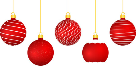 Five hanging red Christmas balls on transparent background