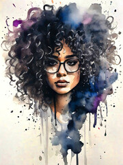 Fototapeta premium Watercolor portrait of a woman with curly black hair.