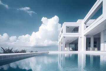 Building with Tranquil Swimming Pool with Clear Sky and White Background Create a Photogenic Scene of Beauty and Serenity. Generative AI