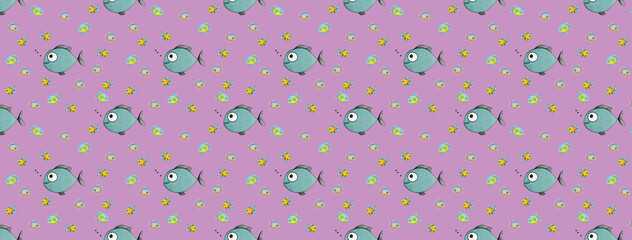 pattern. Set with fish. Sea and river fish. Horizontal image. Banner for insertion into site.