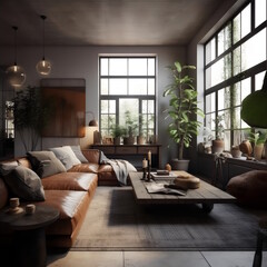 Fototapeta premium Cinematic Coziness, Natural and Organic Living Room Retreat in Golden Hour Light. Spacious, Serene, and Sustainable Haven. Generative AI