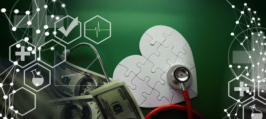 A stethoscope on money and a puzzle heart. Health insurance. Healthcare and medicine. How much is the treatment. Money and medicine. World Heart Day. World Health Day.