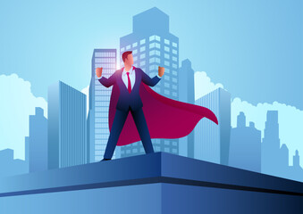 Businessman as a superhero standing on the top of a building, accomplishment, determination, conquer obstacles, vector illustration