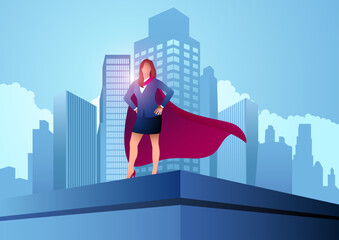 Unleash Your Ambition, Vector Illustration of a Business woman as a superhero, defying obstacles and achieving great heights
