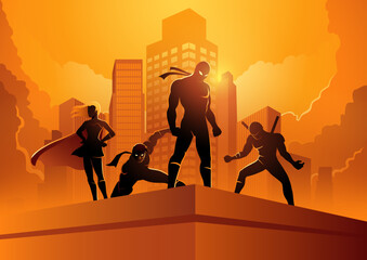 Silhouette of superheroes in different poses on top of a building, vector illustration