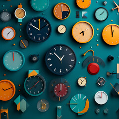 3d render of wall clocks flat lay view teal background, seamless background with clocks, seamless pattern with watches, Collection of stylish timepieces on a beige wall, generative ai