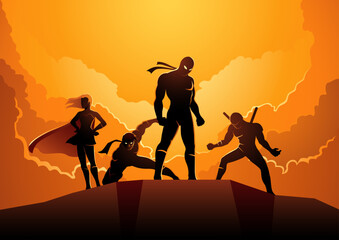 Silhouette of superheroes in different poses on hilltop, vector illustration