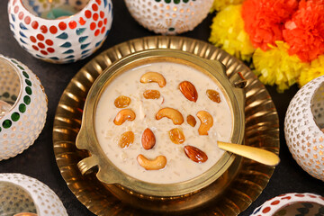 Rice Kheer Indian Sweet Payesh. Kerala Onam Payasam Palada Phirni dessert Mumbai India. Mithai...