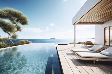 Fototapeta premium Generative AI. The edge Luxury swimming pool with white fashion deckchairs on the beach., Exterior design. Luxury Holiday Villa With Infinity Pool At Sunset 