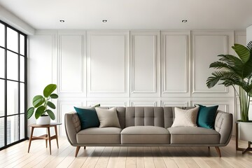 Interior of light living room with comfortable sofa, houseplants and mirror near light wall. 3d illustration.