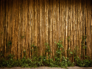 Brown and yellow bamboo wall background and texture.